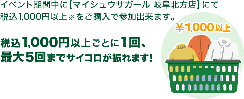期間中のレシートで一回振れる！　税込1,000円毎に1回、最大5回まで振れる！
